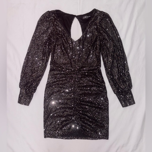 Crystal Doll Dresses & Skirts - Crystal Doll Size S Black Sequin Long Puff Sleeve Bodycon Party Mini Dress